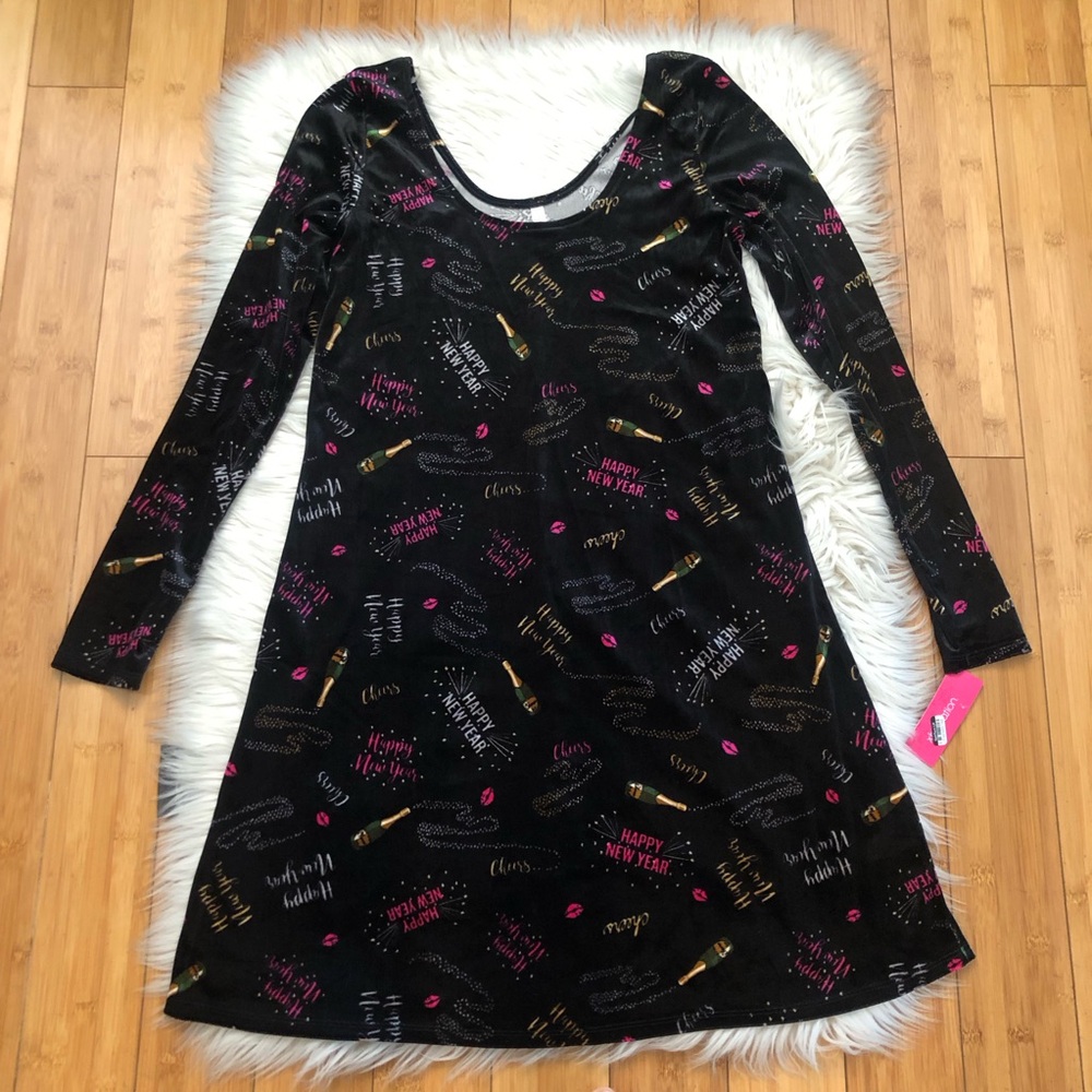 New Year Novelty Print Velvet Long Sleeves Multicolor Black Mini Dress size M